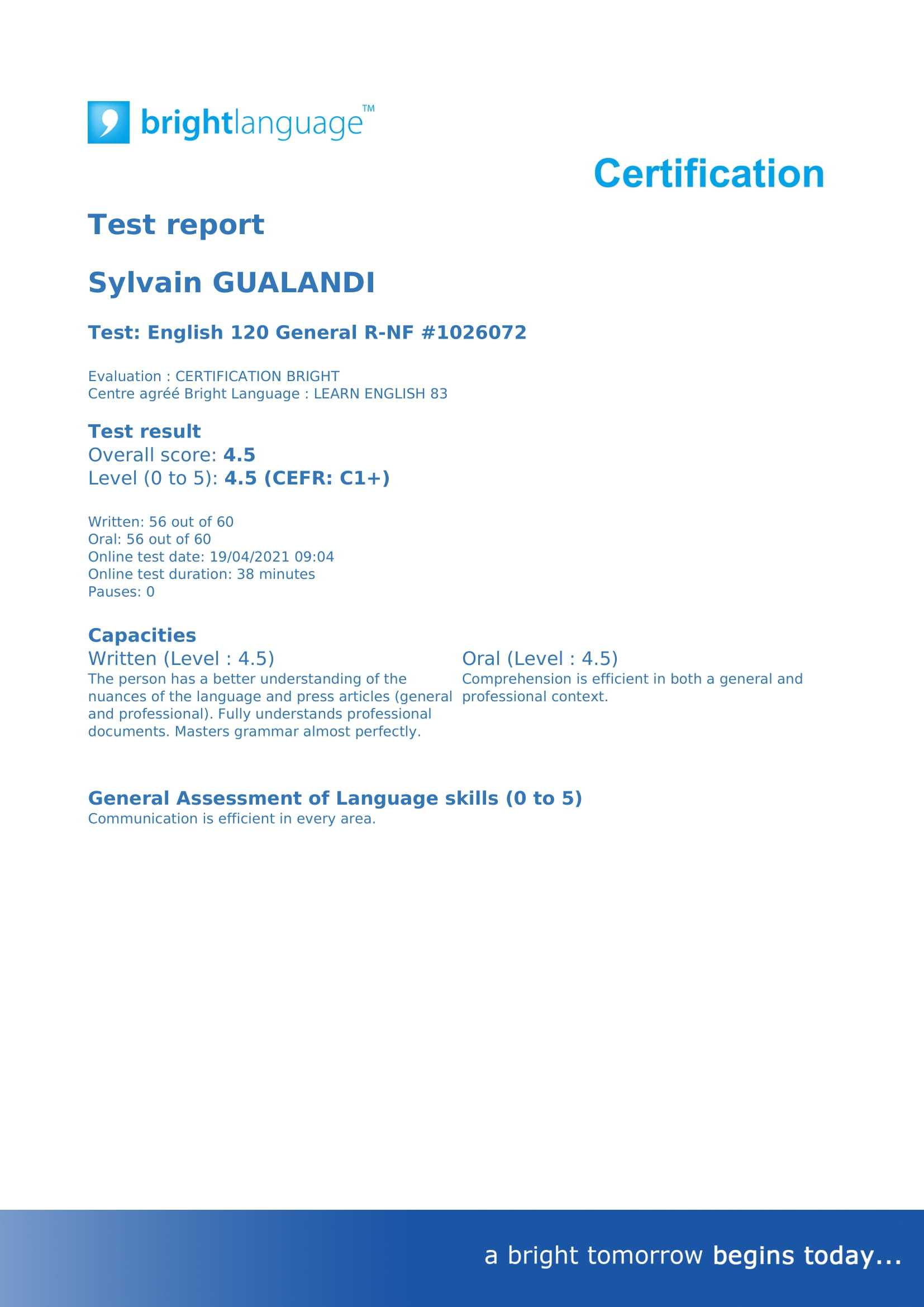 Learn Idiomas France - Bright certificate English